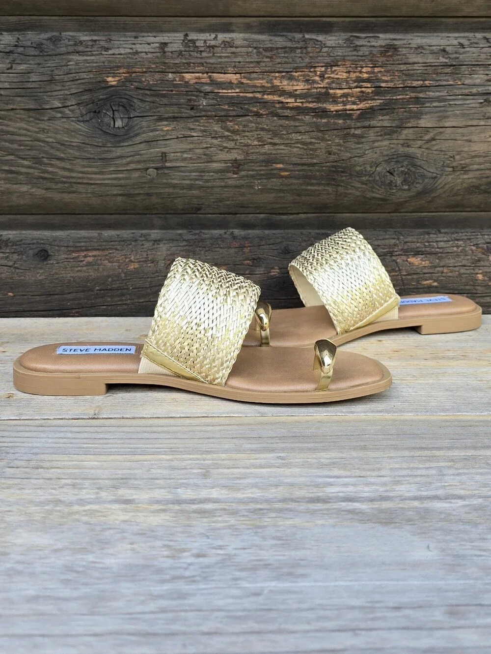 Steve Madden Dacey Y2K Coastal Boho Metallic Woven Toe Ring Slide Sandals 7M